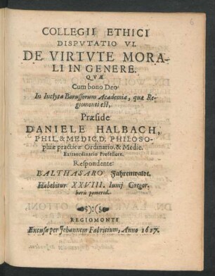 Collegii Ethici Disputatio VI. De Virtute Morali In Genere