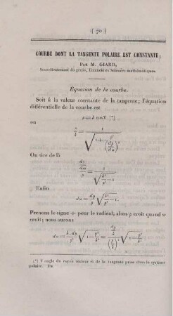 Courbe dont la tangente polaire est constante.