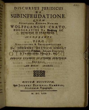 Discursus Iuridicus De Subinfeudatione
