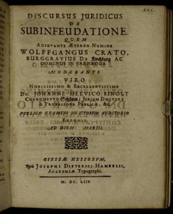 Discursus Iuridicus De Subinfeudatione