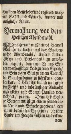Vermahnung vor dem Heiligen Abendmahl.