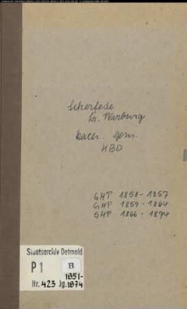 Kirchenbuchduplikat der katholischen Gemeinde Scherfede, Kreis Warburg (GHT 1851-1874) (Gemeinde: Katholische Gemeinde Scherfede)
