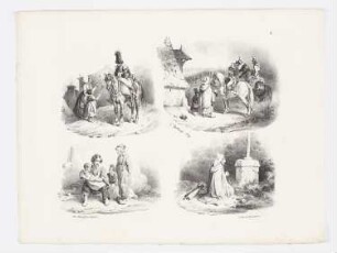 Zwei Reiterszenen, eine Bauernfamilie und eine betende Frau, Blatt 1 der Folge "Deuxième série de Croquis de 1829"