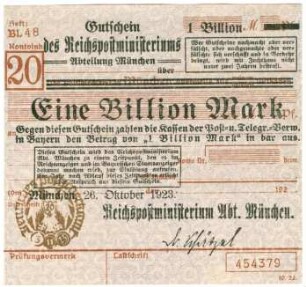 Geldschein / Notgeld, 1 Billion Mark, 26.10.1923