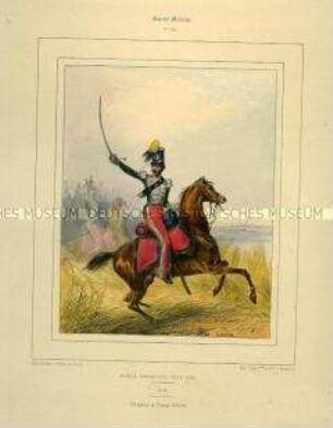 Uniformdarstellung, Offizier des Jäger-Regiments zu Pferde, Königreich Frankreich, 1815/1830. Tafel Nr. 166 aus: Galerie Militaire.