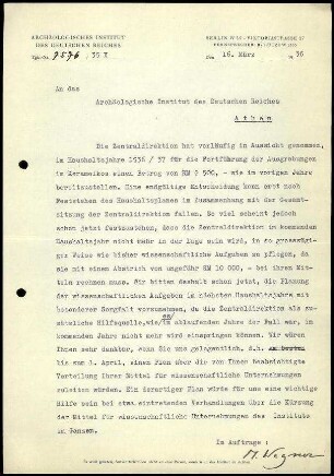 M. Wegner an DAI Athen
