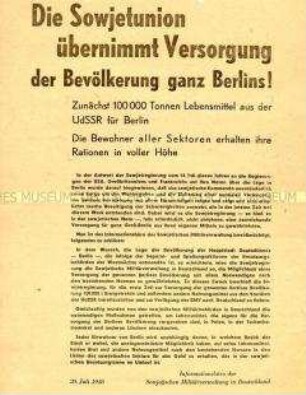 Propagandaflugblatt der SMAD zur Versorgung der Westsektoren Berlins mit Nahrungsmitteln