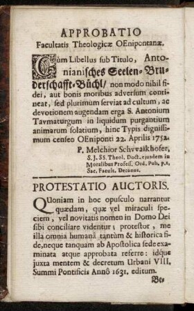 Approbatio Facultatis Theologicæ OEnipontanæ.
