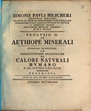 Simonis Pavli Hilscheri Medicinae Doctoris ... Prolusio ... De Aethiope Minerali, Prolvsio II