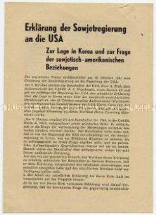 Agitationsmaterial für gesamtdeutsche Beratungen, zur sowjetischen Friedenspolitik, mit Erklärung der UdSSR zur Lage in Korea und den sowjetisch-amerikanischen Beziehungen