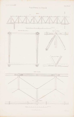 Trent-Brücke, Newark: Grundrisse, Ansicht, Details (aus: Atlas zur Zeitschrift für Bauwesen, hrsg. v. G. Erbkam, Jg. 7, 1857)