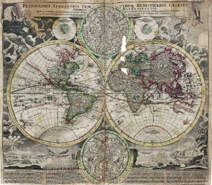 Planiglobii terrestris cum utroq hemisphaerio caelesti generalis repræsentatio. ; quam ex novissimis probatissimisque recentium Geographorum seriptis concinnatam multisq phaenomenis illustratam