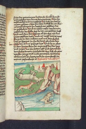 Der Löwe wäscht sich und der Fuchs bewacht dessen Beute, den toten Esel; (Kapitel VI): Von dem Affen und der Schildkröte).