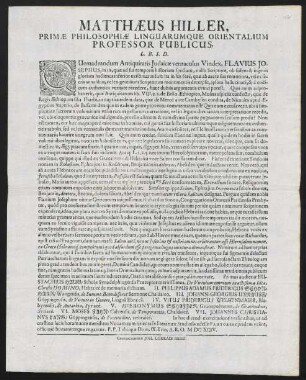 Matthaeus Hiller, Primae Philosophiae Linguarumque Orientalium Professor Publicus L. B. S. D.