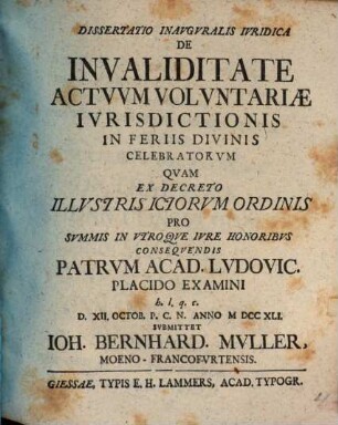 Diss. inaug. iur. de invaliditate actuum voluntariae iurisdictionis in feriis divinis celebratorum