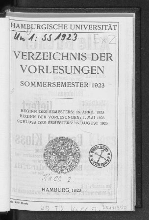 SS 1923: Verzeichnis der Vorlesungen // Hamburgische Universität
