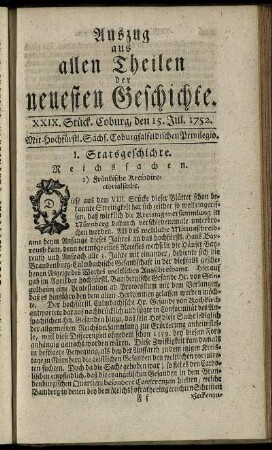 XXIX. Stück. Coburg, den 15. Jul. 1752.