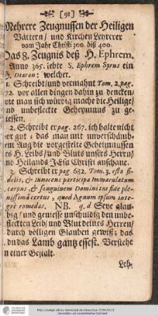 Mehrere Zeugnussen der Heiligen Vättern / und Kirchen Lehrerer vom jahr Christi 300. biss 400.