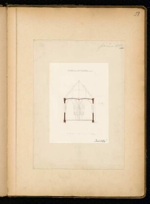 Dorfkirche mit 250 Sitzplätzen Monatskonkurrenz Februar 1866: Querschnitt (Richtung Orgel/ Eingang); Maßstabsleiste