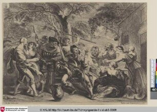[Zechende Soldaten, mit ihren Waffen spielend, vor einem Wirtshaus; Soldiers and Peasants, sitting and fighting near a table]