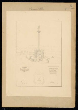 Friedenssäule auf dem Belle-Alliance-Platz, Berlin-Kreuzberg Monatskonkurrenz Januar 1840: Grundriss, perspektivische Ansicht, Details: Pilasterkapitell, Schmuckrelief; Maßstabsleiste