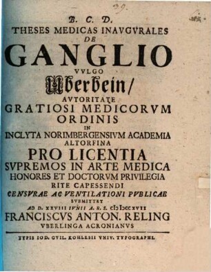 Theses med. inaug. de ganglio, vulgo Überbein