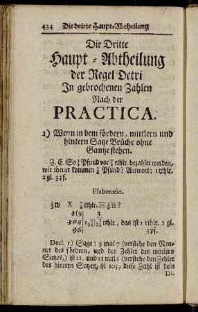 Die Dritte Haupt-Abtheilung der Regel Detri In gebrochenen Zahlen Nach der Practica.