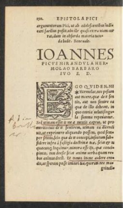Ioannes Picus Mirandula Hermolao Barbaro Suo S. D.