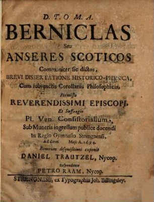 Berniclas s. anseres Scoticos communiter sic dictos