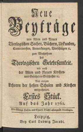 Erstes Stück. Auf das Jahr 1761