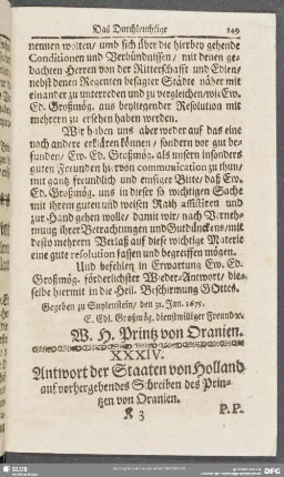 XXXIV. Antwort der Staaten von Holland auf vorhergehendes Schreiben des Printzen von Oranien
