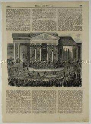 Aufbahrung der Särge der Märzgefallenen vor der neuen Kirche auf dem Gendarmenmarkt - Seite aus: "Illustrirte Zeitung", Leipzig 1848 (Nr. 250, X. Bd., p. 259)