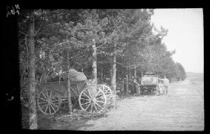 "Marcy-Lager" (?) bei Saint-Quentin (Dep. Aisne, Frankreich): Pferdewagen auf und neben einem breiten Knüppelweg am Waldrand