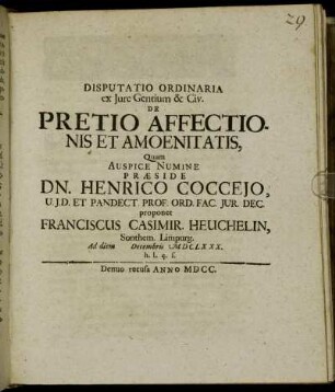 Disputatio Ordinaria ex Iure Gentium & Civ. De Pretio Affectionis Et Amoenitatis