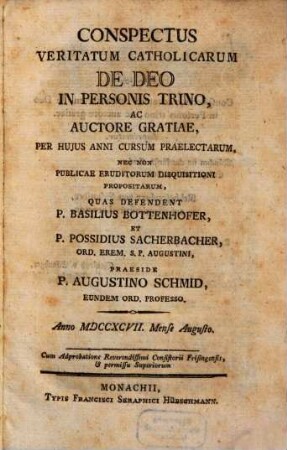 Conspectus veritatum catholicarum de Deo in personis trino ...