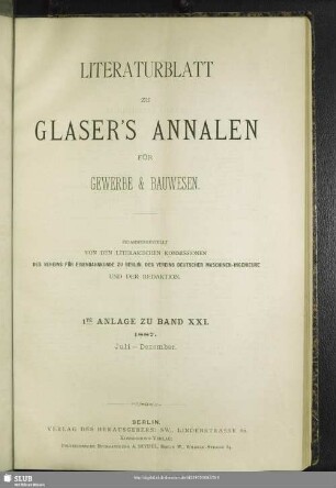 Literaturblatt 1te Anlage zu Band XXI.1887. Juli - Dezember