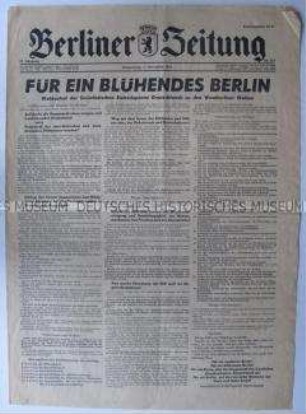 Tageszeitung "Berliner Zeitung" mit dem Wahlaufruf der SED zu den Wahlen in Berlin (West)