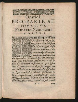 Oratio I. Pro Parte Affirmativa. Friderici Schösseri Cotbus.