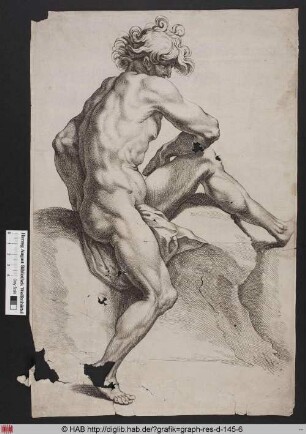 Figurenstudie eines Mannes, der mit angewinkeltem linken Bein auf einem Felsen sitzt.