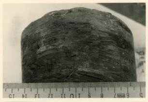 Bohrkern der Tiefenbohrung Freital (F 9), Teufe (Tiefe im Bergwerk) 249,50-254,70 m, 10 cm vor Krone (circa 254,60 m). Niederhäslich-Schweinsdorf Formation. Echte Trockenrisse. Seitenansicht des Bohrkerns. Bannewitz-Boderitz, Bohrpunkt südlich des letzten Hauses, östlich der Straße zum Marienschacht