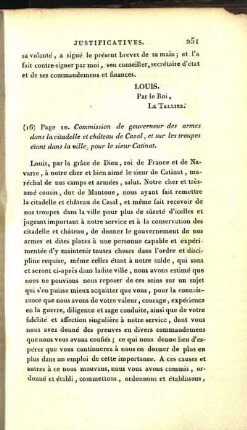 (16) Page 10. Commission de gouverneur des armes dans la citadelle et château de Casal, et sur les troupes étant dans la ville, pour le sieur Catinat.