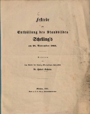 Festrede zur Enthüllung des Standbildes Schelling's am 28. November 1861
