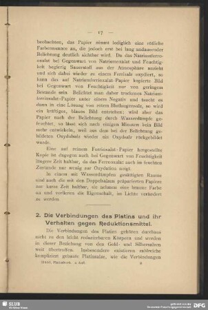 2. Die Verbindungen des Platins und ihr Verhalten gegen Reduktionsmittel