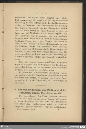 2. Die Verbindungen des Platins und ihr Verhalten gegen Reduktionsmittel