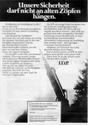 Wahlpropaganda der FDP zur Bundestagswahl 1969 mit verteidigungspolitischen Aussagen