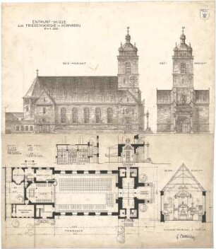 Bestelmeyer, German; Nürnberg (Bayern); Ev. Friedenskirche St. Johannes - Mappe 1: Ansicht von Osten u. von Süden; Grundriss; Schnitte