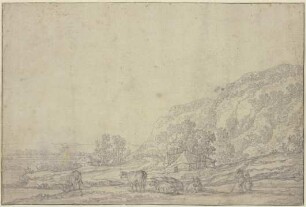 Landschaft mit zwei Hütten, rechts hohe Berge, vorne fünf Kühe