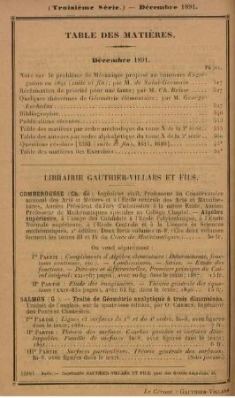 Table des matières. Décembre 1891.