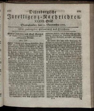 XXXVII. Stück. Sonnabends: den 13. September 1777.