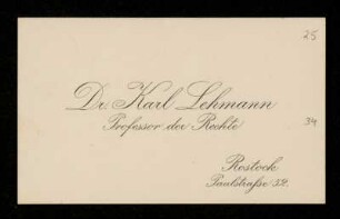 Visitenkarte von Karl Lehmann für Otto von Gierke, Rostock, 20.8.1910